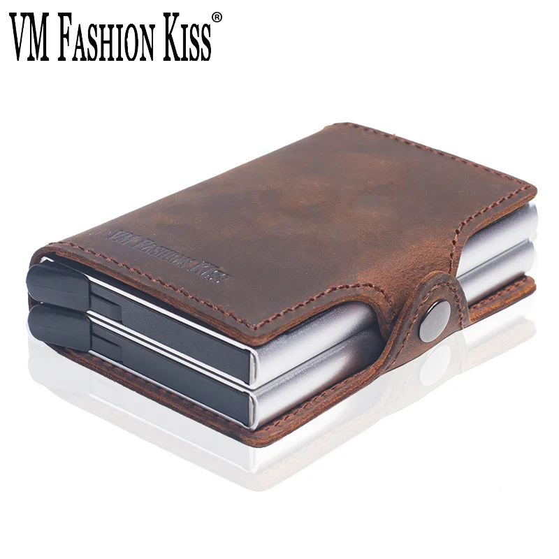 Top Trends: VM FASHION KISS Brand 100% Leather Mini RFID Blocking Wallet Security Porte Carte Credit Card Holder Metal Purse Wallet For Men Shoppable Styles