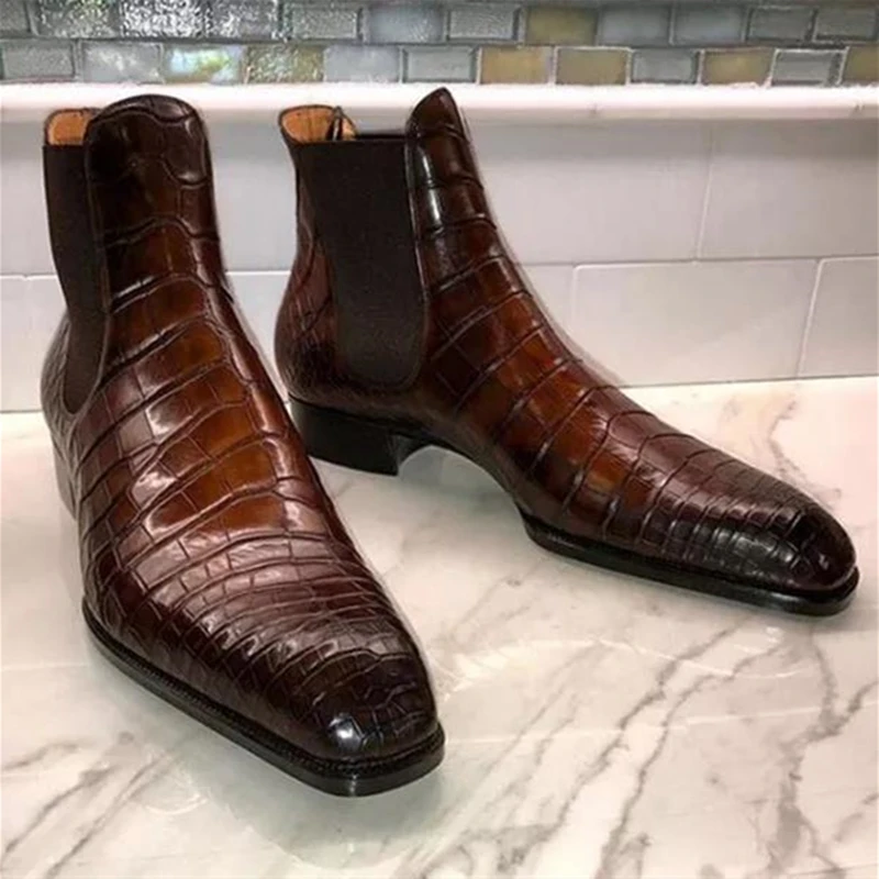 Top Trends: New Brown Chelsea Boots For Men Black Business Pointed Toe Slip-On Crocodile Pattern Handmade Men&#039;s Short Boots Shoppable Styles