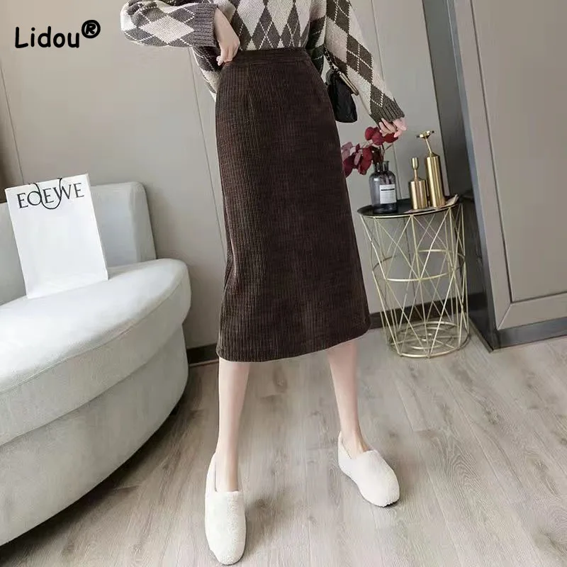 Top Trends: Elegant Temperament Corduroy A-Line Skirt Autumn Winter Elastic High Waist Fashion Thick Solid Split Skirts Women's Clothing Shoppable Styles