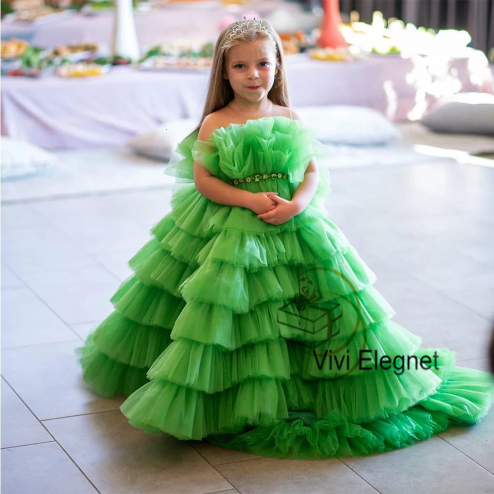 Top Trends: Green Tiered Flower Girls Dresses With Crystal 2023 Summer New Sweep Train Christmas Gowns New Zipper Back فلور فتاة اللباس Shoppable Styles - Image 2