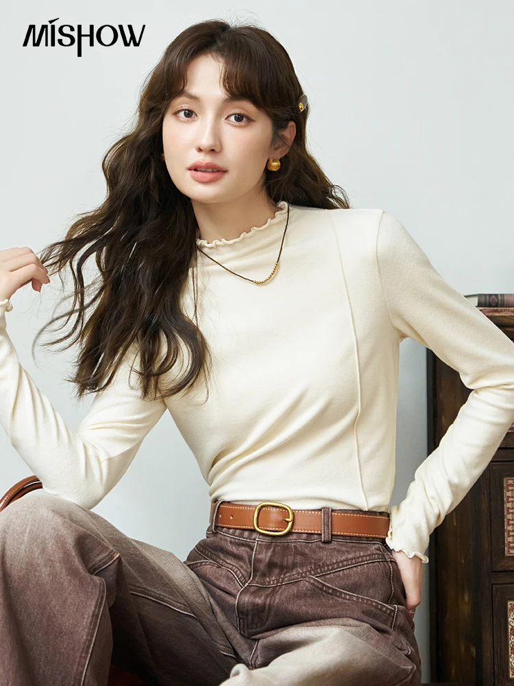 Top Trends: MISHOW Women's Solid Long Sleeve Inner Top 2023 Autumn Knit Pullover Bottom Shirt Office Lady Slim Fungus Edge Design MXC46Z0168 Shoppable Styles