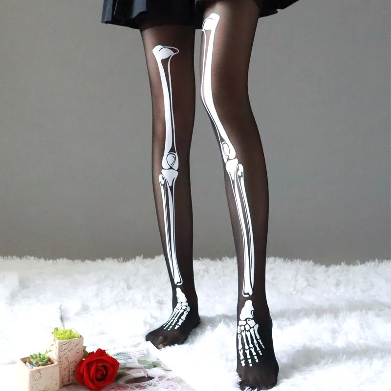 Top Trends: Halloween Black Skull Print Tights Stockings Sexy Women Pantyhose Leggings For Cosplay Club Party Harajuku Style Accessories Shoppable Styles