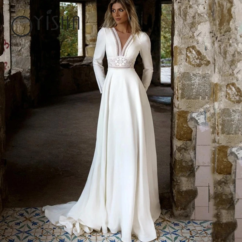 Top Trends: OYISHA Simple Satin Bridal Gowns Deep V-Neck Long Sleeves Wedding Dresses For Women 2023 Lace Appliques A-Line Vestidos De Noiva Shoppable Styles