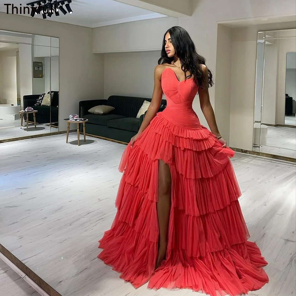 Top Trends: Thinyfull Saudi Arabia A-line Evening Party Dress Strapless Sleeveless Prom Dresses Tiered 2023 Formal Occasion Gowns Dubai Shoppable Styles