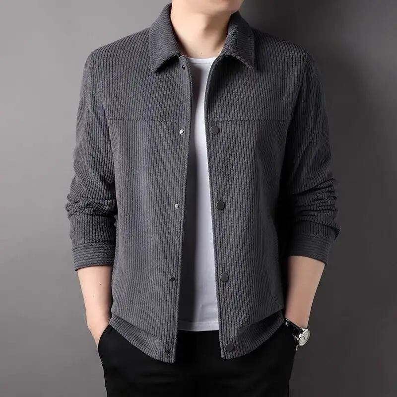 Top Trends: Autumn New Polo Neck Corduroy Jacket Men's Solid Button Pocket Korean Youth Fashion Business Casual Work Coat Long Sleeved Top Shoppable Styles