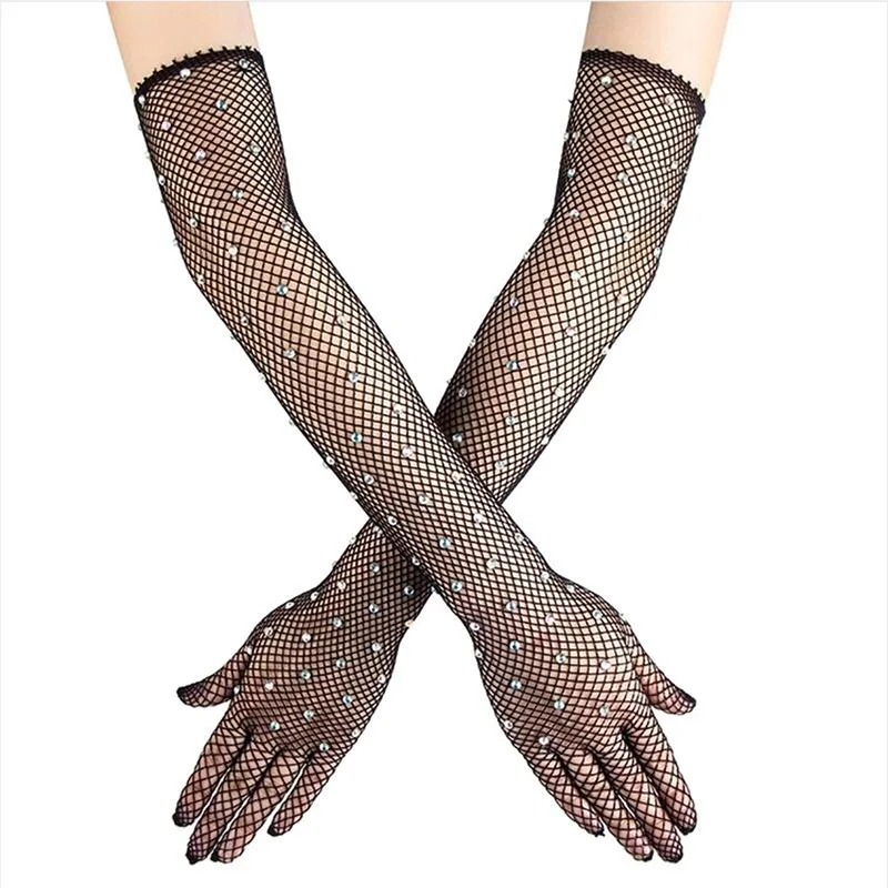 Top Trends: New Women Sexy Elastic Rhinestones Mesh Full Finger Gloves Flash Diamond Fishing Net Punk Nightclub Stage Performance Long Glove Shoppable Styles