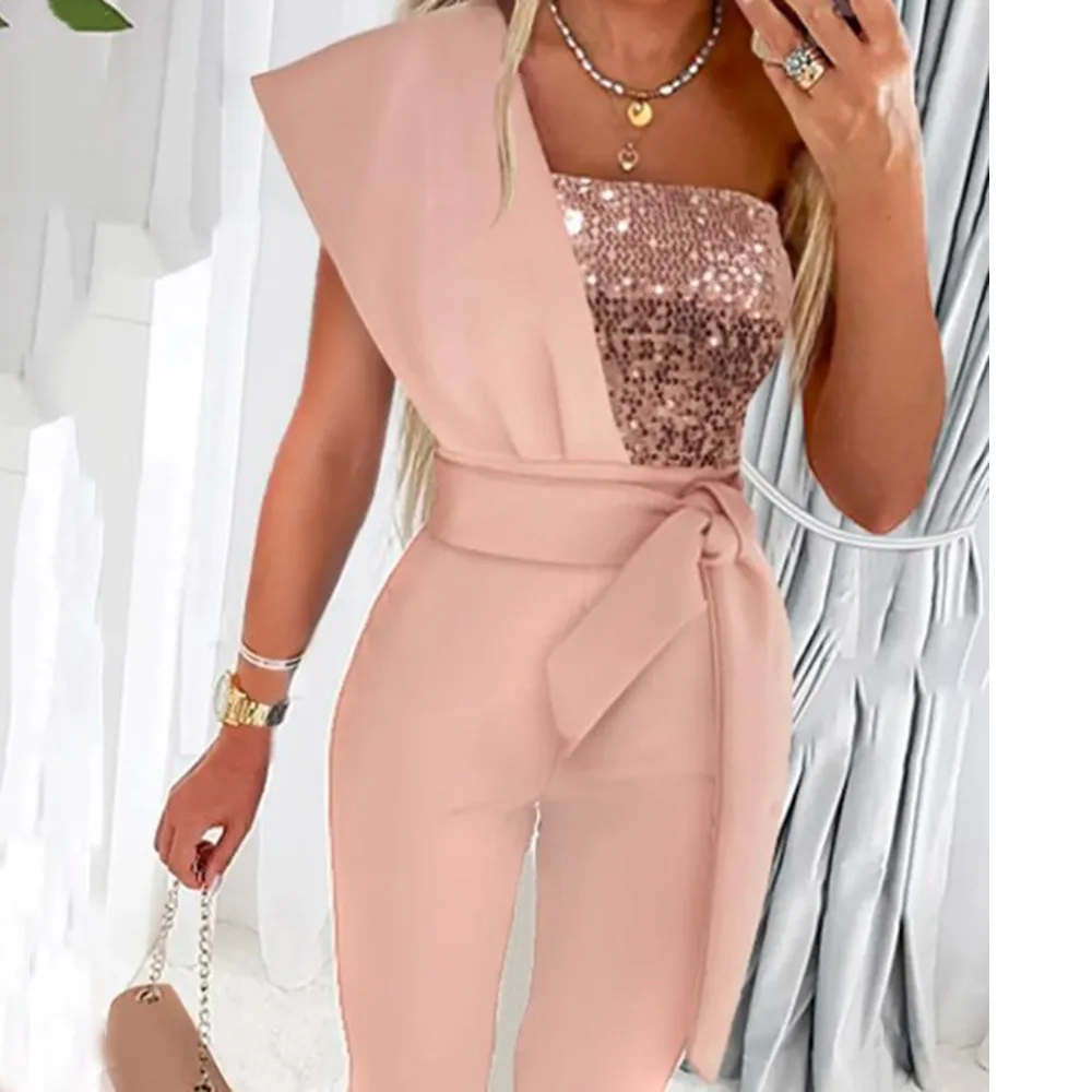 Top Trends: 2023 New Elegant Office Women's Solid Color Bodysuit Cut-out Design Belt Decoration V-neck Fashion Sequin One-shoulder Bodysuit Shoppable Styles