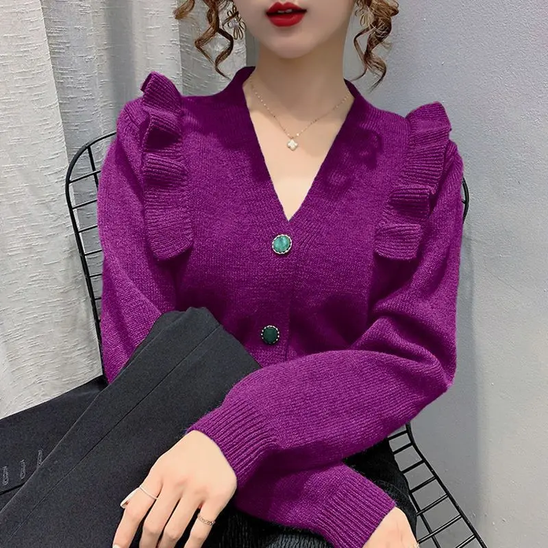 Top Trends: 2023 New Women's Clothing Long Sleeve V-Neck Knitted Slim Casual Sweet All-match Solid Color Ruffles Button Sweaters Cardigan Shoppable Styles