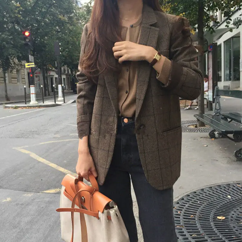 Top Trends: Women's Spring Korean New Woolen Small Suit Commuting Fashion Business Plaid Button Pocket Splicing Versatile Long Sleeve Coat Shoppable Styles