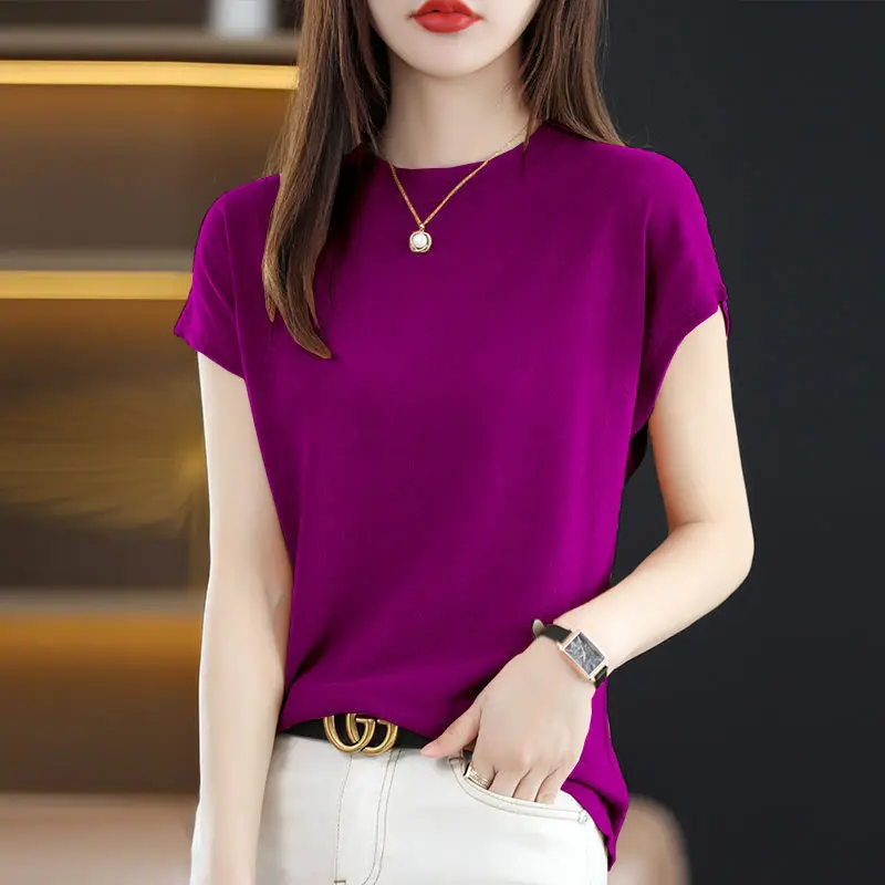 Top Trends: Fashion Solid Color Knitted Loose Korean T-Shirt Women&#039;s Clothing 2023 Spring New Casual Pullovers All-match Tee Shirt Shoppable Styles