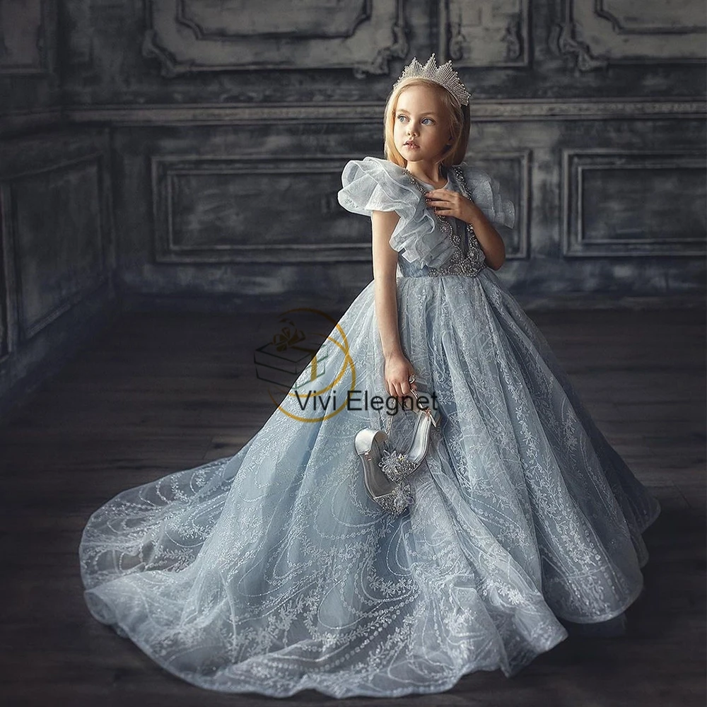 Top Trends: Luxury Silver Flower Girl Dresses For Girls Beads A Line Communion Dresses Girls Winter 2023 Short Sleeve Wedding Party Gowns Shoppable Styles