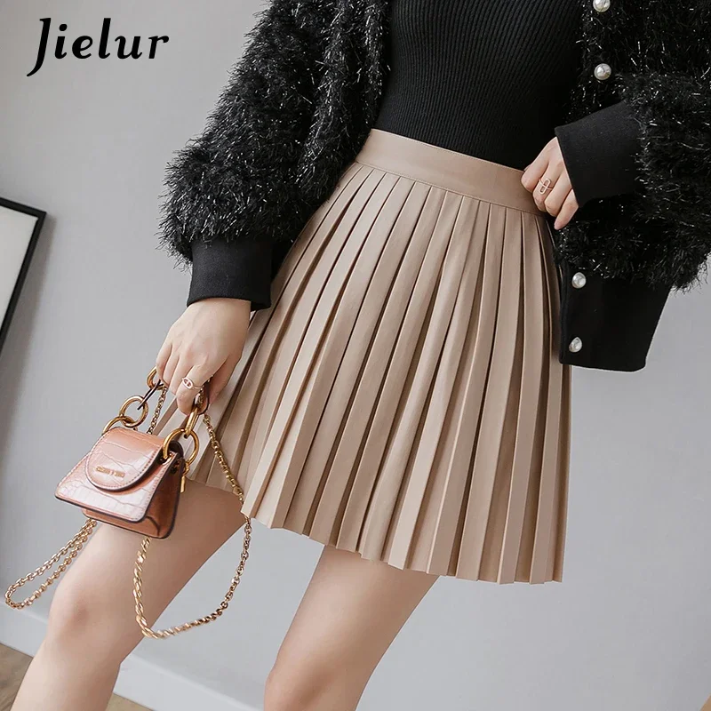 Top Trends: Jielur Spring Autumn Pleated Mini Skirt Women's Fashion Harajuku Slim Skirts Female Streetwear High Waist Pu Leather Skirt Shoppable Styles