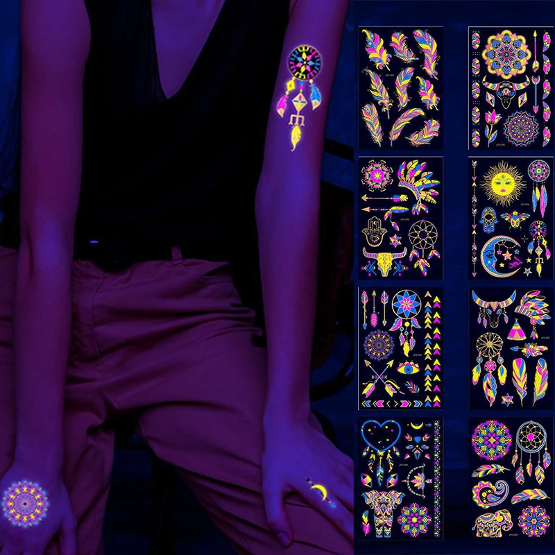 Top Trends: Luminous UV Light Temporary Tattoo Sticker Arm Face Glowing Tattoo Body Art Tattoo Party Night Bar False Tattoos Shoppable Styles