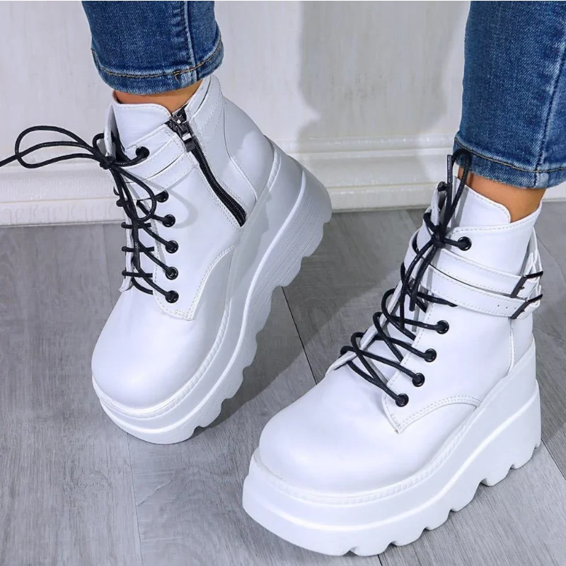 Top Trends: New Female Platform Ankle Boots Fashion Zip Lace-up High Heels Women Boots Party Goth Wedges Shoes Of Woman Women&#039;s Boots 2022 Shoppable Styles