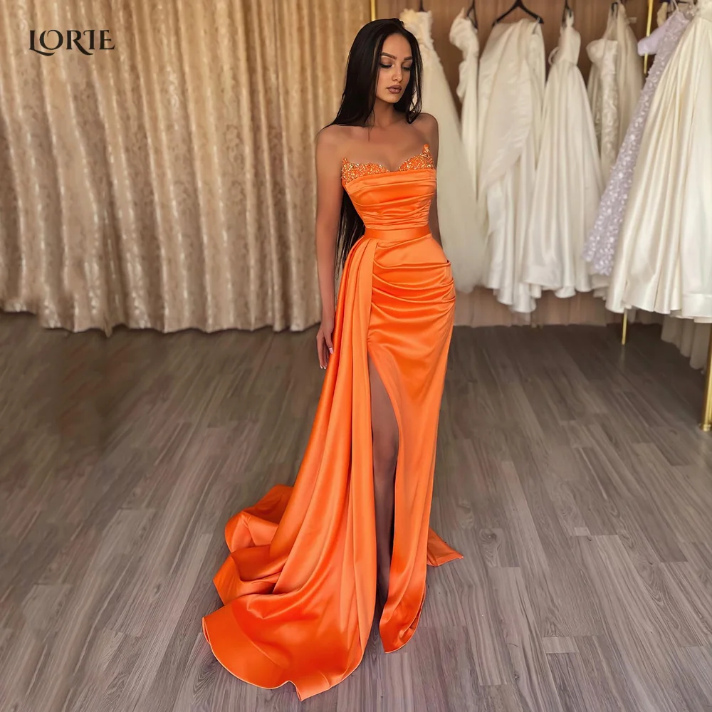 Top Trends: LORIE Orange Mermaid Evening Dresses Beadings Off Shoulder Bodycon Ruched Formal Prom Gowns Pleated Side Slit Celebrity Dress Shoppable Styles