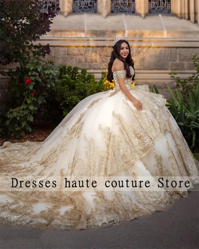 Top Trends: Luxury Gold Pearls Lace Quinceanera Dresses 2023 Off Shoulder Ball Gown Corset Birthday Party Dress Vestidos De 15 Quinceañera Shoppable Styles