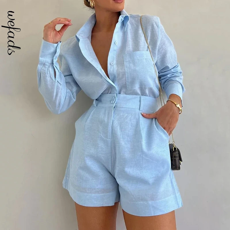 Top Trends: Wefads Women Two Piece Set Summer Trendy Office Stand Neck Long Sleeve Single Breasted Top Solid With Pocket Short Pants Sets Shoppable Styles