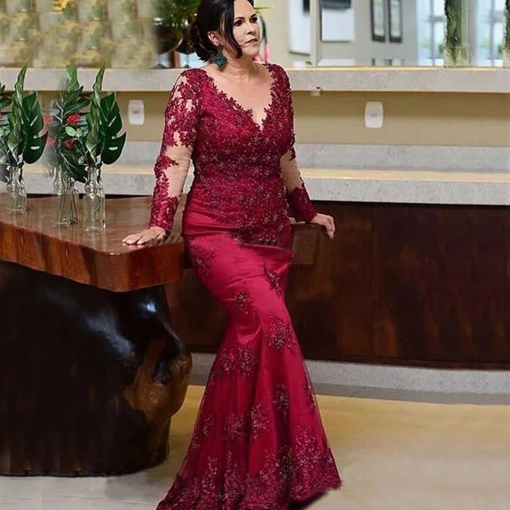 Top Trends: Deep V-neck Red Applique Mother Of The Bridal Gown 2022 Long Mermaid Guest Wedding Dresses Floor Length Full Sleeve Mom Shoppable Styles