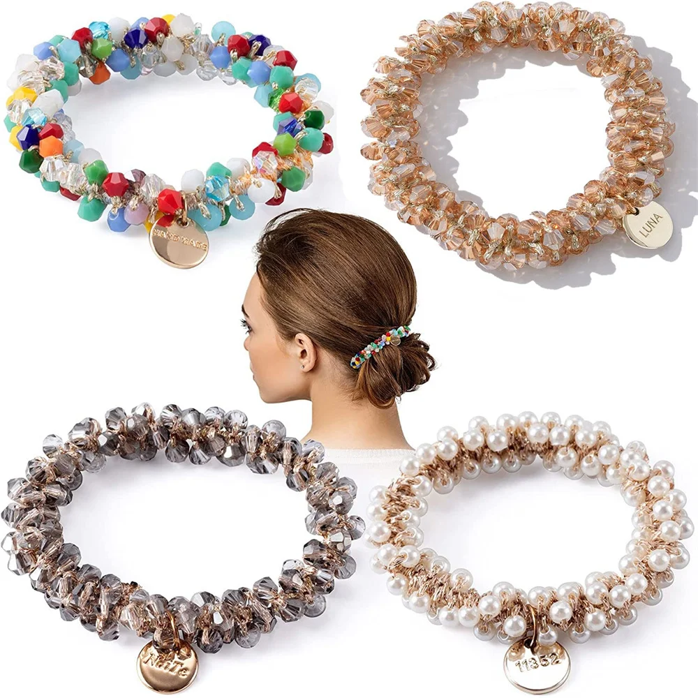 Top Trends: Women Shiny Crystal Hair Rop Handmade Elastic Beaded Ponytail Holders Eneglant Pearl Hair Ties For Girl Fashion Hair Accessories Shoppable Styles