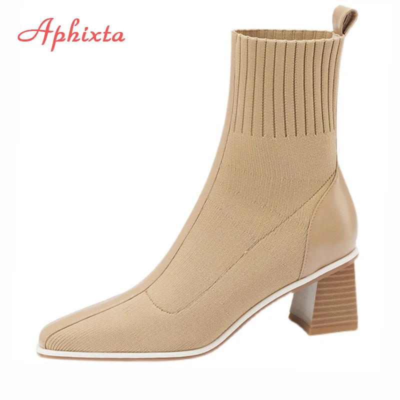 Top Trends: Aphixta 2023 New 6.5cm Chunky Heel Beige Coffee Stretch Cotton Fabrics Sock Boots Women Stretch Kniting Pointed Toe Shoes Shoppable Styles