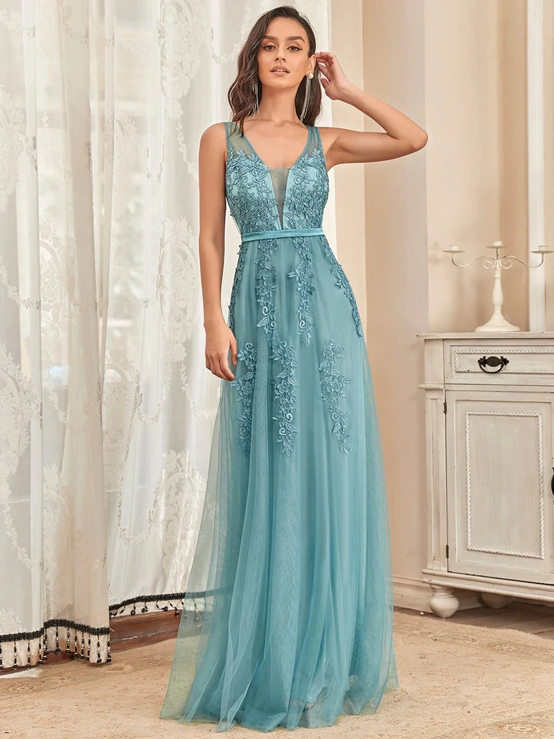 Top Trends: Elegant Evening Dresses Long Lace Beading Vneck Sleeveless 2024 Ever Pretty Of Dusty Blue Simple Backless Prom Dresses Women Shoppable Styles