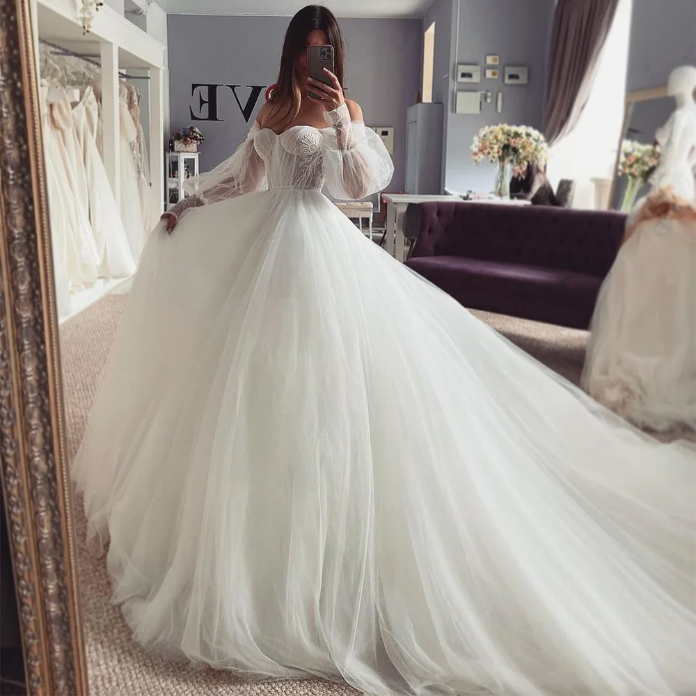 Top Trends: Merioslove Wedding Dresses Puff Sleeves Lace Appliqué Off Shoulder A-Line Beach Bride Gown Elegant Wedding Gown Robe De Mariée Shoppable Styles