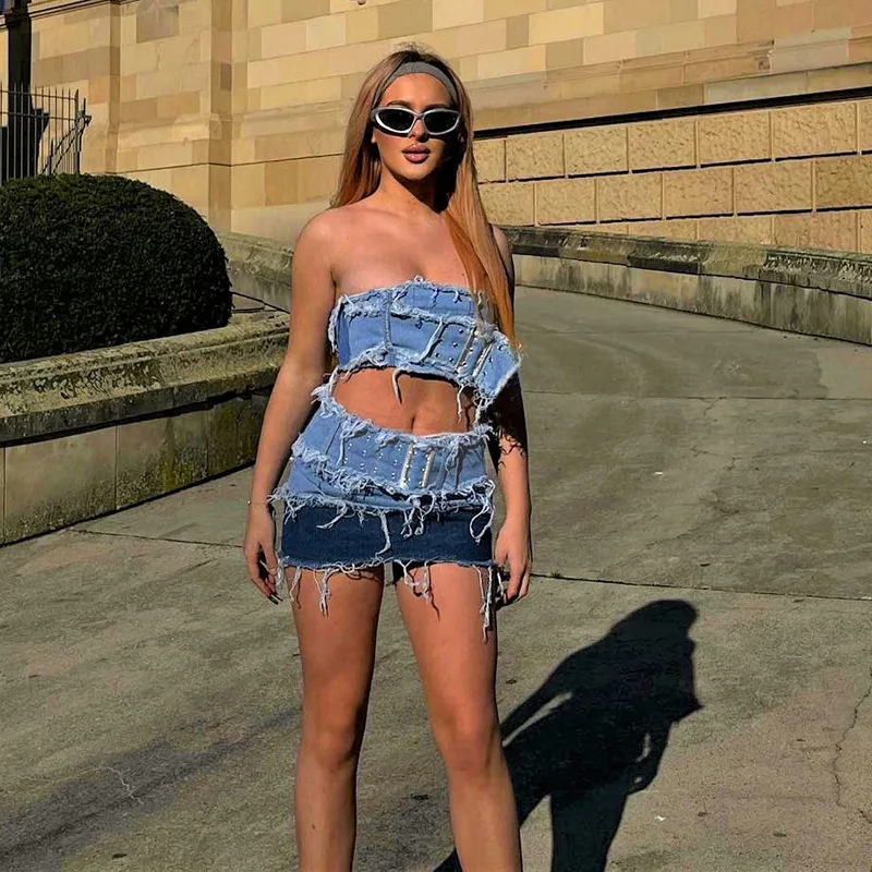 Top Trends: Ripped Denim 2 Piece Skirt Sets Dress 2023 Summer Women Clothes Y2K Streetwear Jean Dress Sexy Crop Tops Two Piece Set Outfit Shoppable Styles - Image 2