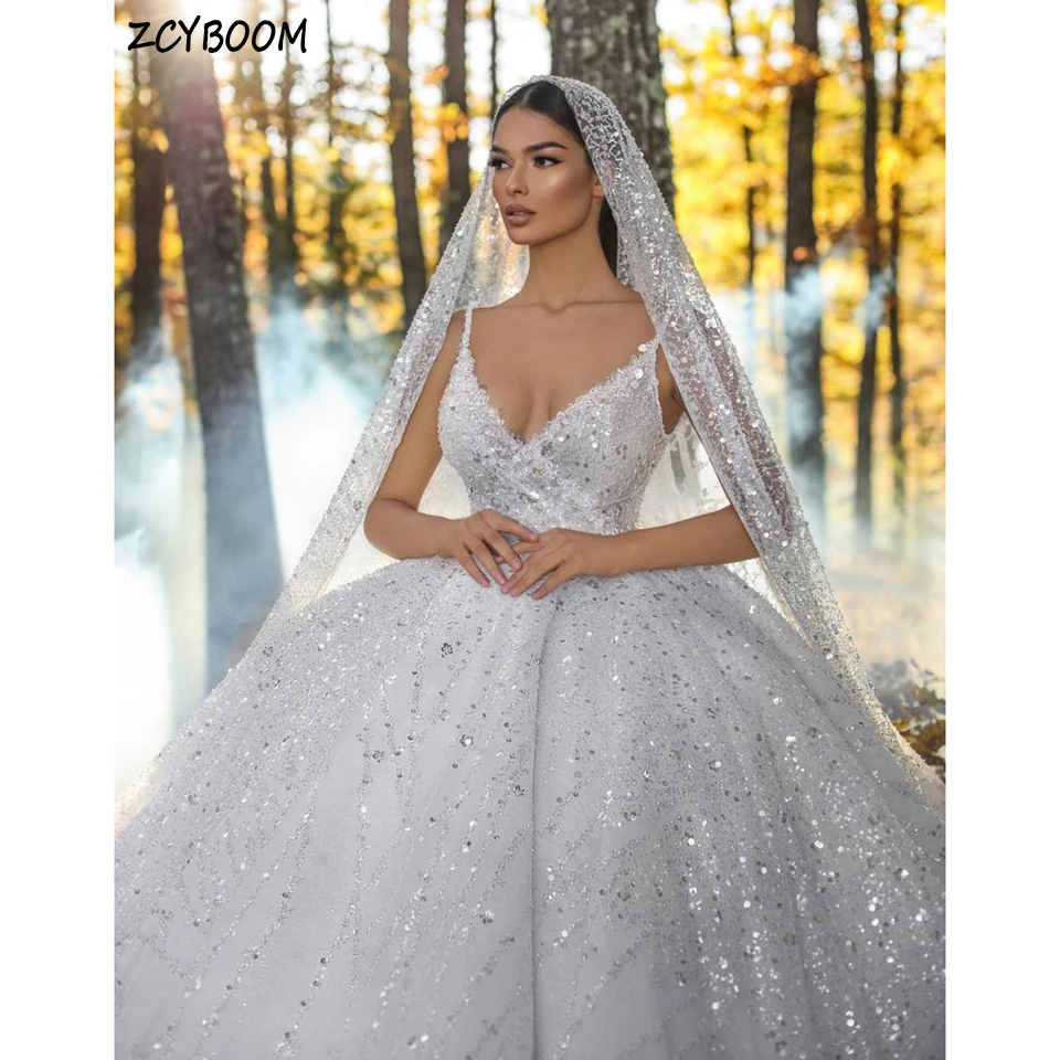 Top Trends: Luxury Sequin Spaghetti Strap Appliques Backless Wedding Dress 2023 Ball Gown Floor Length Sweep Train Pretty Women Bridal Gown Shoppable Styles