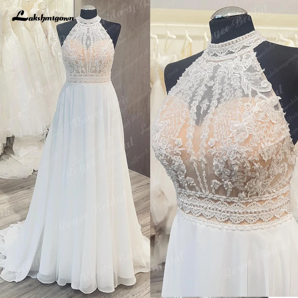 Top Trends: Lakshmigown Beach A Line Wedding Dress 2024 Lace Bodice Chiffon Halter Neck Women Backless Wedding Gown Vestido Novia Shoppable Styles