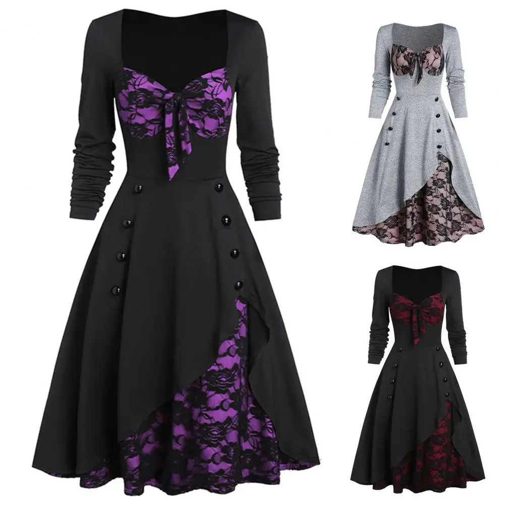 Top Trends: Women Lace Dresses Stitching Plus Size Long Sleeve Classical Retro Style Winter Dress For Banquet Shoppable Styles