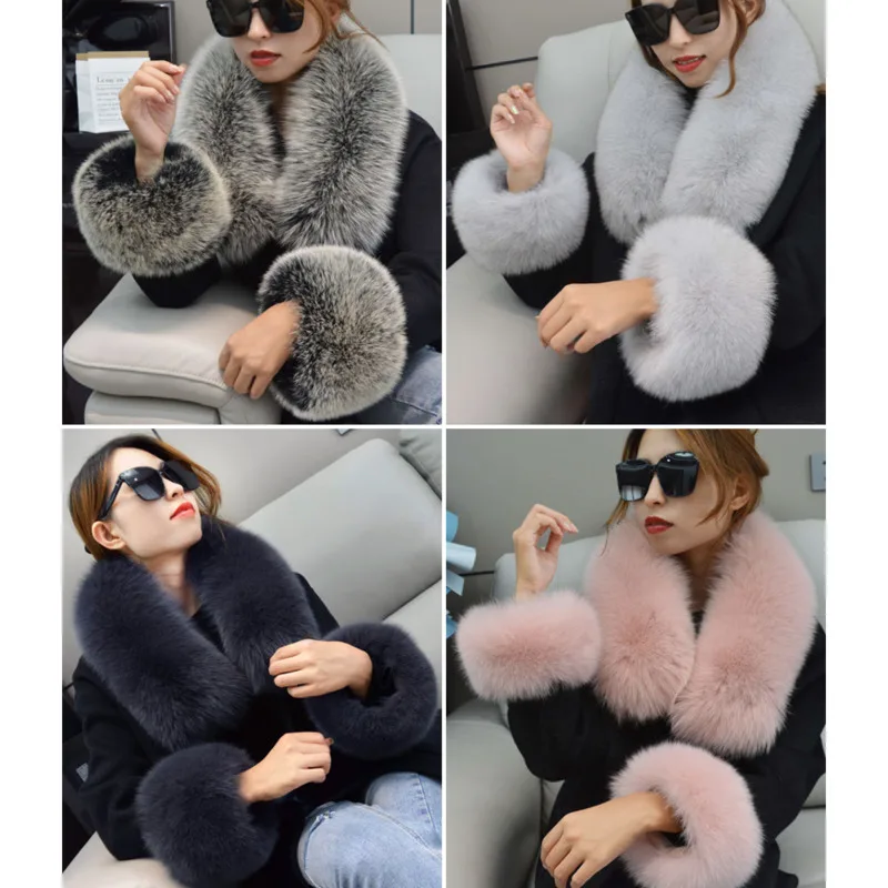 Top Trends: Real Fox Fur Collar And Cuffs Set Winter Coat Hood Decors For Woman Luxury Natural Fur Scarf Black Arm Wrist Fur Sleeves Cuff Shoppable Styles - Image 2