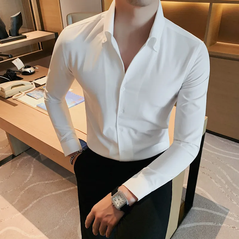 Top Trends: Men Dress Shirt Fashion Long Sleeve Business Social Shirt Male Solid Color Button Down Collar Work White Black Shirt 4XL Shoppable Styles