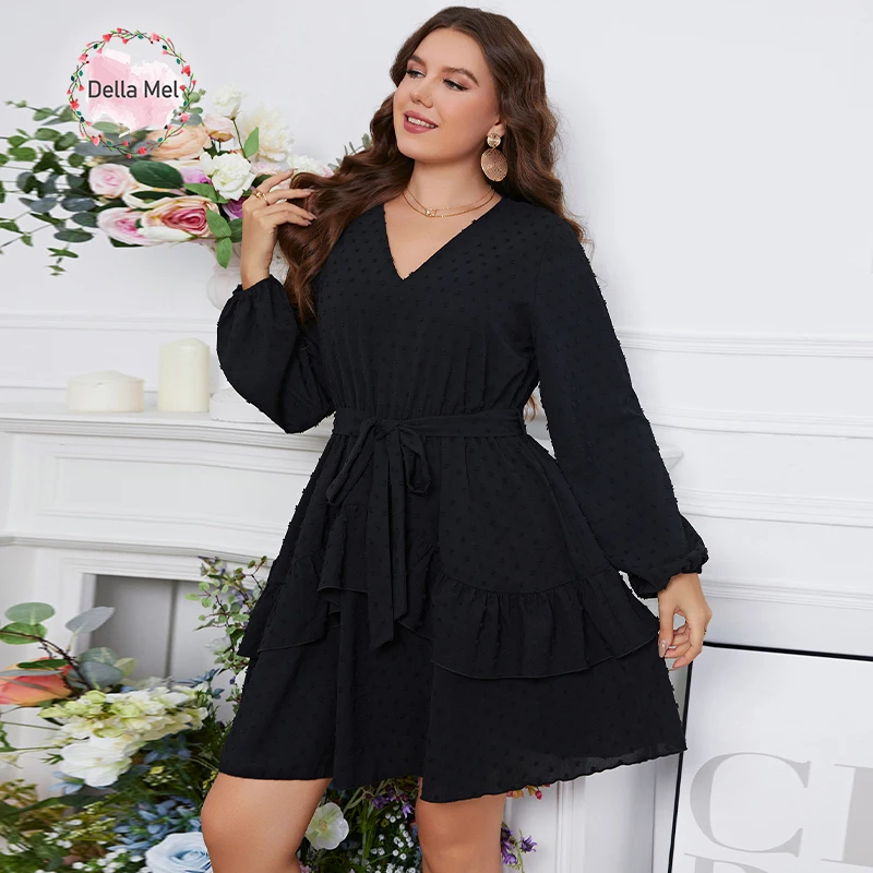 Top Trends: Della Mel 3XL 4XL Plus Size Elegant Dresses For Women Black V Neck Belted Lantern Sleeve Ladies Large Size Evening Party Dress Shoppable Styles