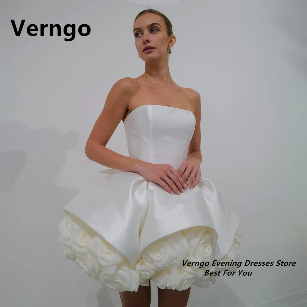 Top Trends: Verngo Strapless Zipper Short Prom Gown Bone 3D Flower Wedding Party Dress Satin Mini Evening Dress For Special Event Shoppable Styles