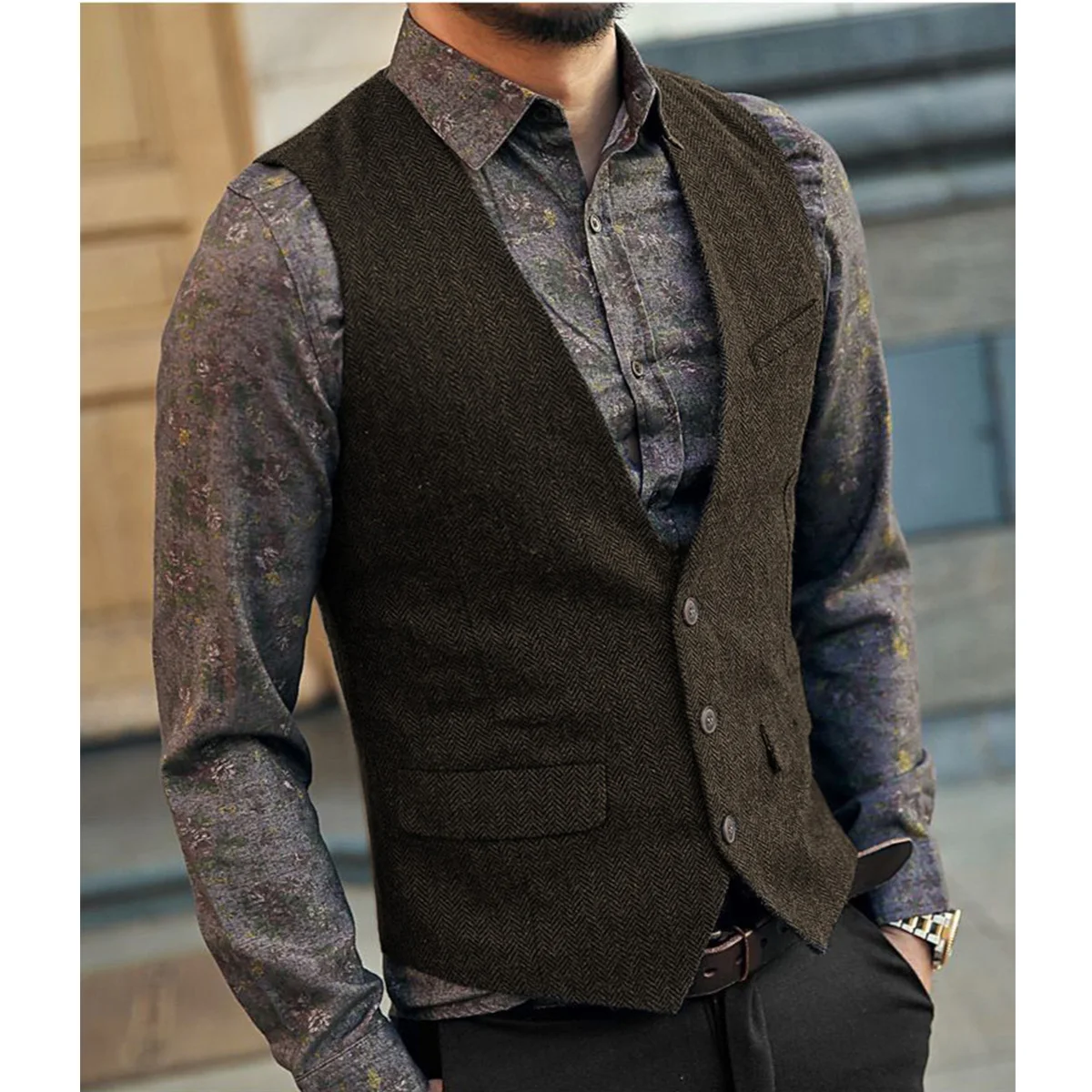 Top Trends: Slim Mens Vest Tweed Waistcoat Vest Vintage Herringbone V-neck Casual Wool Groomsmen Suits Vest For Wedding XS-5XL Shoppable Styles