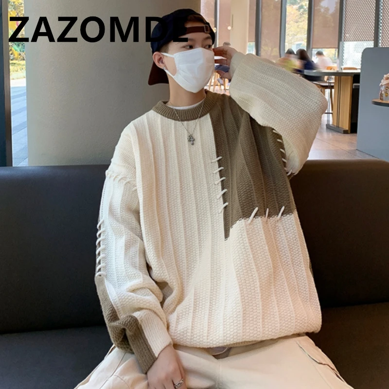 Top Trends: ZAZOMDE Autumn Winter O-Neck Patchwork Knitwear Sweater For Men Loose Casual Pullover Harajuku New Fashion Mens Sweaters Coat Shoppable Styles