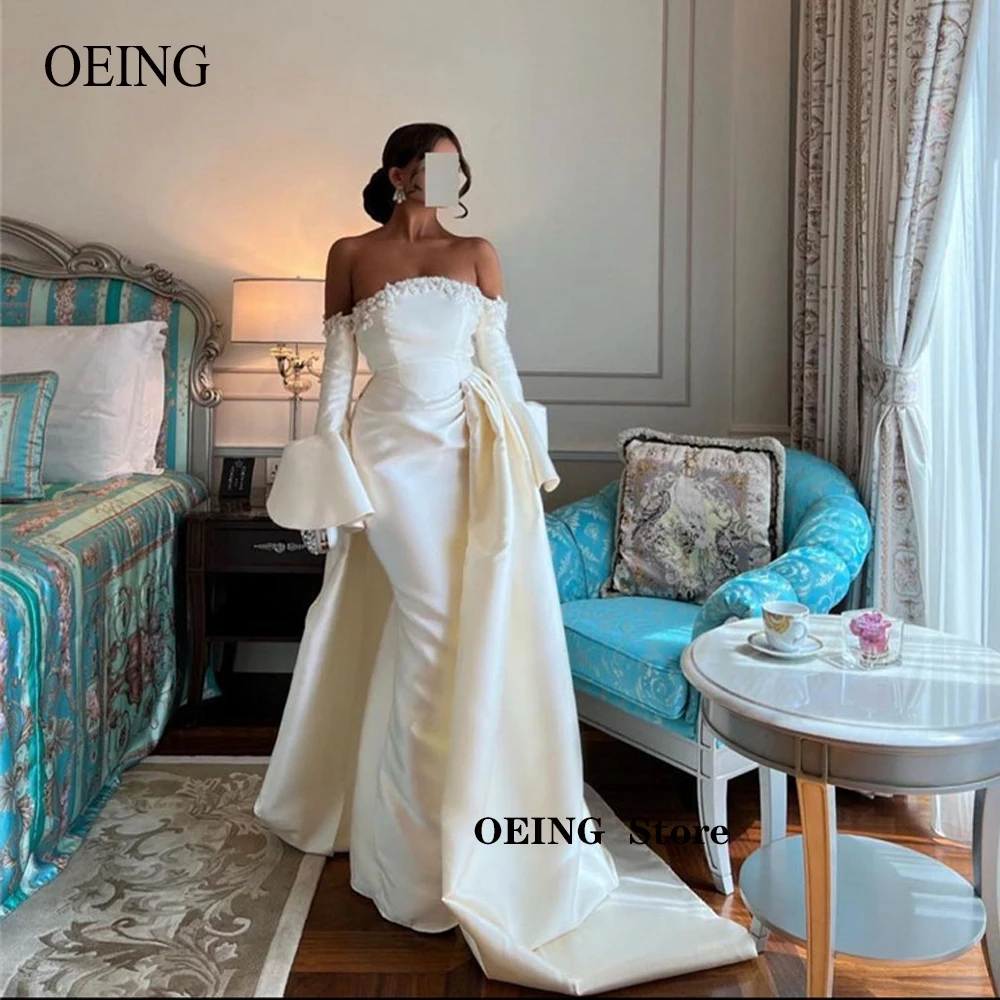 Top Trends: OEING Strapless Ivory Satin Mermaid Wedding Dresses Detachable Overskirt Long Sleeves Saudi Arabic Bride Formal Evening Gown Shoppable Styles