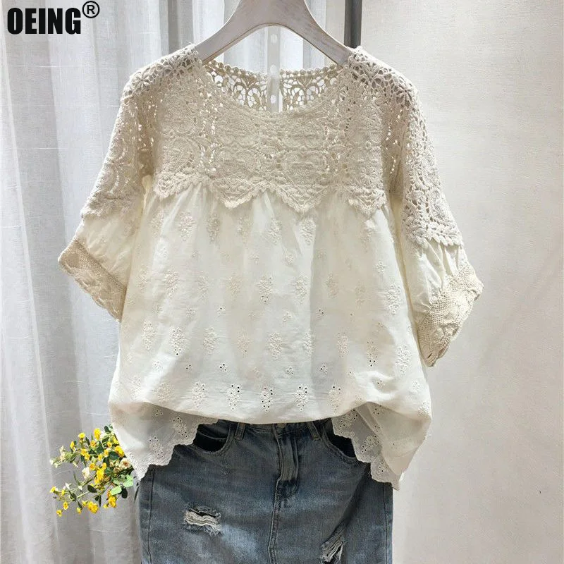 Top Trends: Cotton Linen Embroidery Hollow Short-sleeved Shirt Female 2024 Summer New Korean Fashion Blouse Temperament Casual Vintage Tops Shoppable Styles