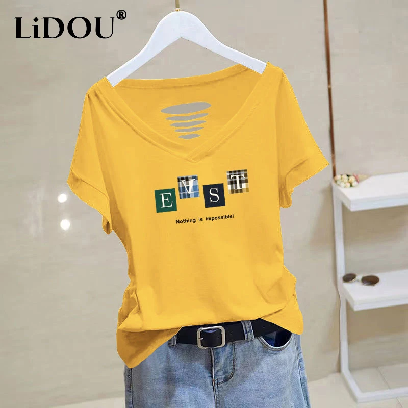 Top Trends: 2023 Summer New Cotton T-Shirts Women Letter Printing V-neck Short Sleeve Tees Fashion Loose Casual Hollow Out Pullovers Tops Shoppable Styles