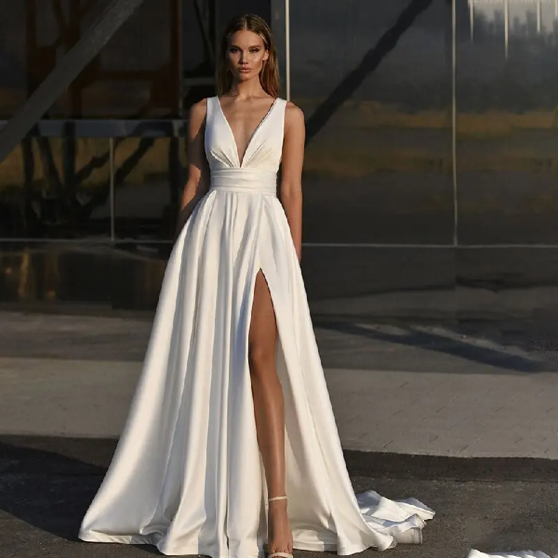 Top Trends: Elegant Deep V-Neck Backless Wedding Dresses For Women 2024 Spaghetti Straps Satin Side Slit A-Line Bridal Gown Vestido De Noiva Shoppable Styles