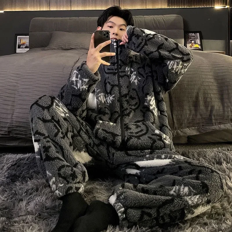 Top Trends: Coral Velvet Pajamas Men Winter Loungewear Suit Plush Thickened Sleepwear Warm Printing Casual Male Home Clothing Set Pijamas Shoppable Styles