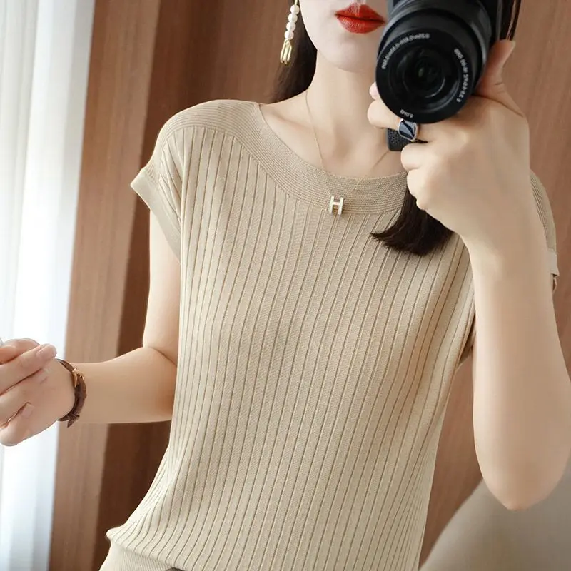 Top Trends: 2023 New Summer Fashionable Temperament One Line Collar Women's Solid Color Oversized Slimming Versatile Knit Stripe T-shirt Shoppable Styles