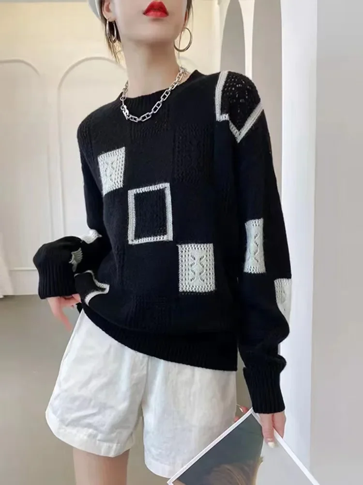 Top Trends: Fashion Tops 2022 Women Oversized Sweater Autumn Winter New Colorblock Plaid Knitted Pullovers Round Neck Retro Warm Sweaters Shoppable Styles - Image 3