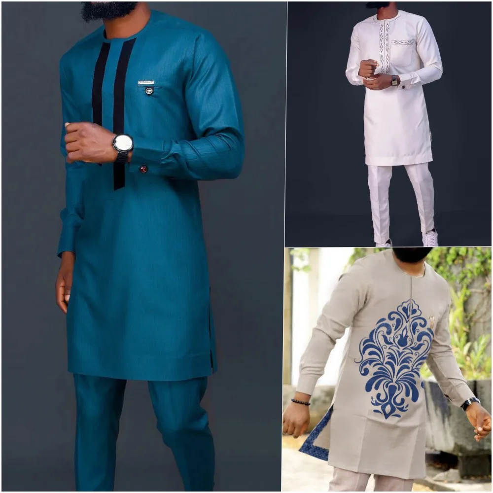 Top Trends: Elegant Suits For Men 2 Pieces DASHIKI Top And Pant Sets Luxury Wedding Male Clothing Kaftan Traditional Outfit Ethnic Style Shoppable Styles