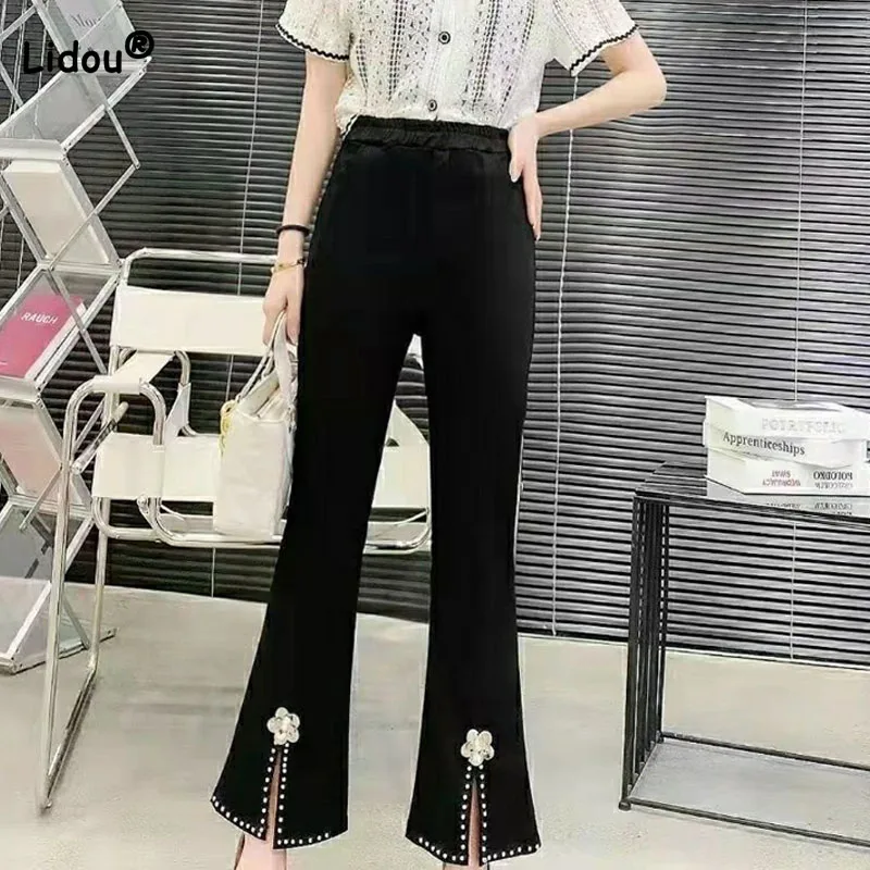 Top Trends: Korean Chic Beaded Spliced Casual Female Split Flare Pants Summer Slim Fashion Elastic High Waist Cropped Pants Womens Clothing Shoppable Styles