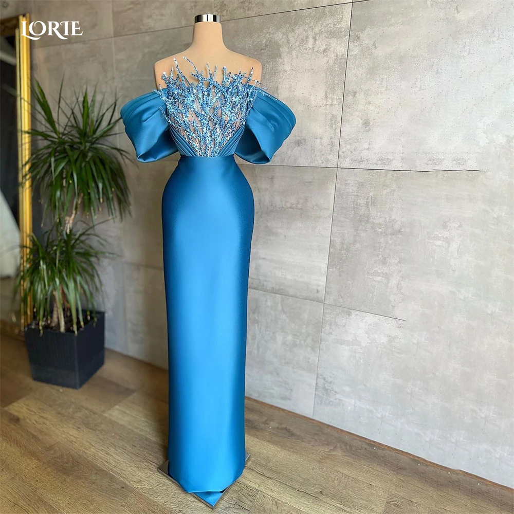 Top Trends: LORIE Blue Glitter Dubai Evening Dresses Mermaid Sequins Off Shoulder Pleated Shiny Prom Gowns Arabia Satin Celebrity Party Gown Shoppable Styles