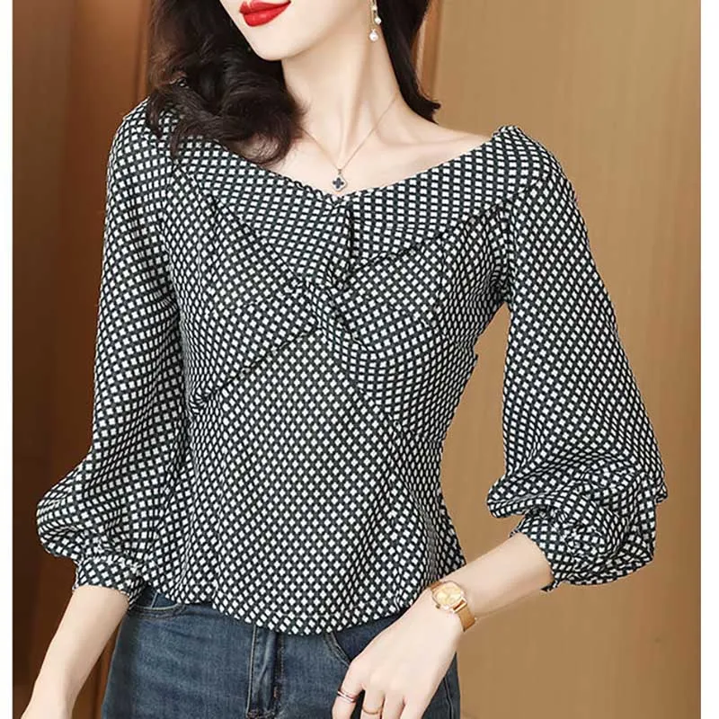 Top Trends: Elegant V-Neck Folds Plaid Lantern Sleeve Blouses Women's Clothing 2024 Spring Summer Loose Korean Tops Office Lady Shirts Shoppable Styles