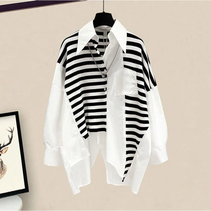 Top Trends: Female Clothing Striped Pockets Spliced Shirt Spring Autumn Korean Fashion Asymmetrical Single-breasted Casual Irregular Blouse Shoppable Styles