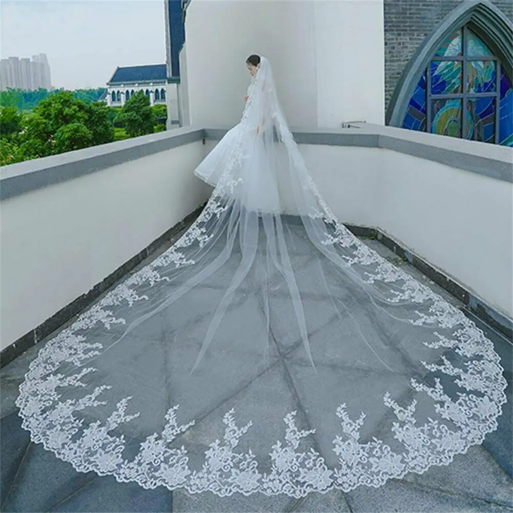 Top Trends: Luxury White Ivory Long Lace Bridal Veil 1 Layer Cathedral Wedding Veil Wedding Accessories Shoppable Styles