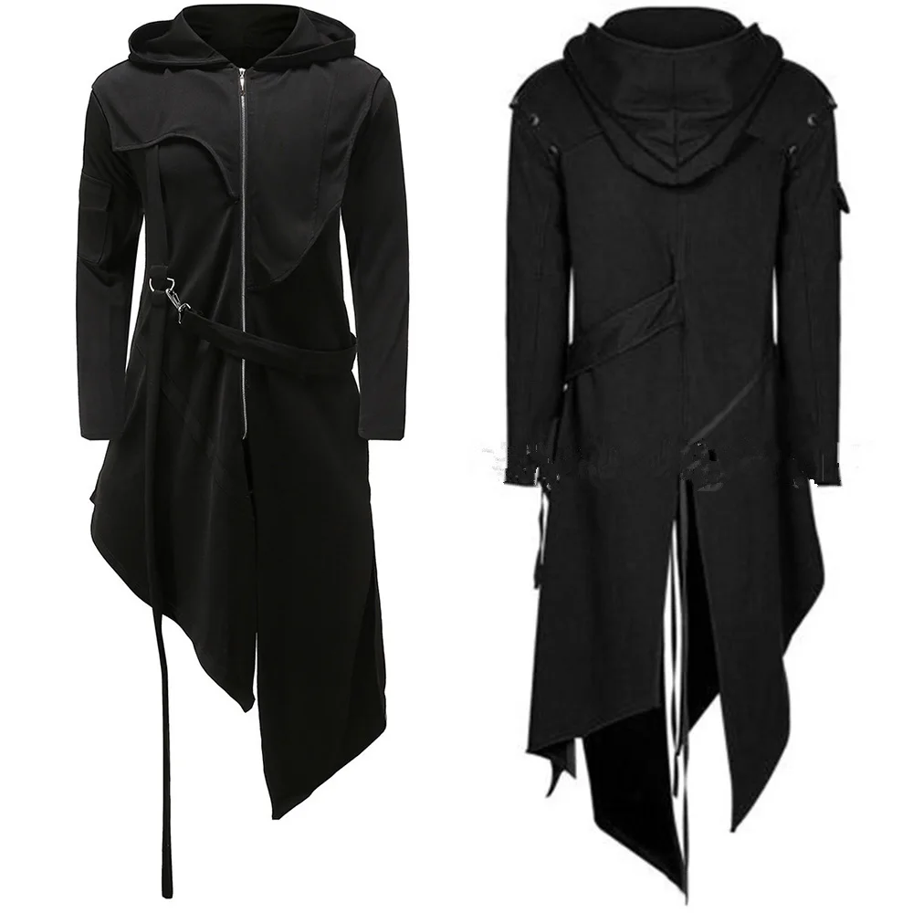 Top Trends: Fashion Men 2022 Black Retro Long Sleeve Zip Medieval Irregular Hem Hooded Jacket Gothic Coat Costume Halloween Praty Outwear Shoppable Styles